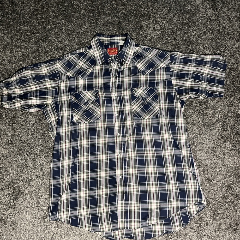 Plains Westernwear Shirt Men Large Blue Plaid Western Pearl Snap Rodeo Poly Blen